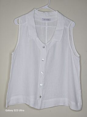 cut loose White Sleeveless Linen Button-Front Top L